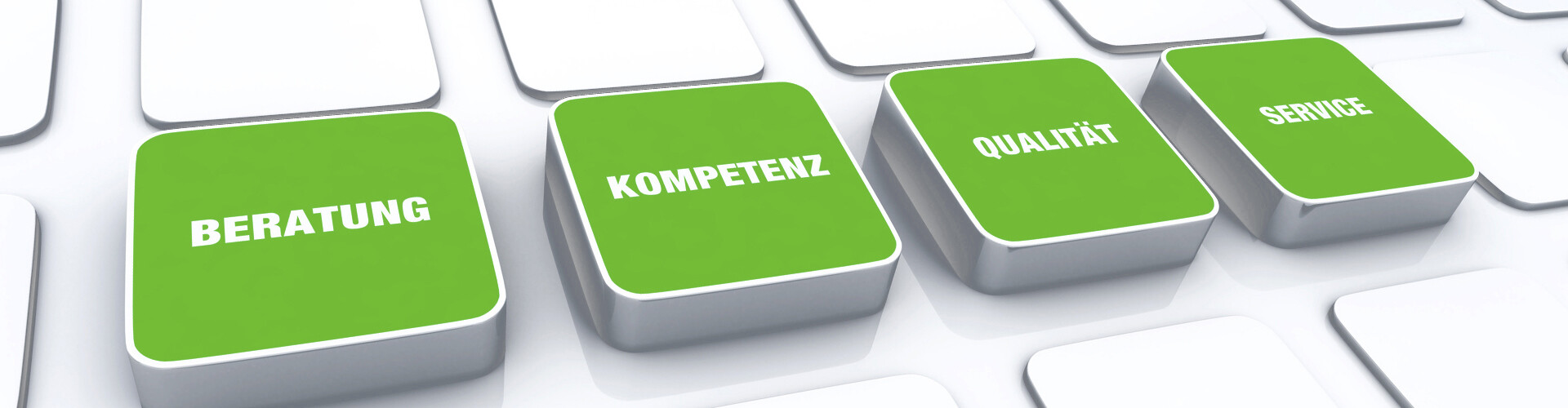Vier quadratische, grüne Auswahlfelder in 3D-Optik mit den Bezeichnungen „Beratung“, „Kompetenz“, „Qualität“ und „Service“ auf weißem Hintergrund.