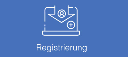 Symbol für Registrierung mit Laptop-Icon und Pfeil mit Profilabbildung auf blauem Feld.