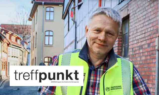 Es ist das Titelbild der aktuellen Ausgabe des Kundenmagazins „treffpunkt ENERGIE“ zu sehen. 
