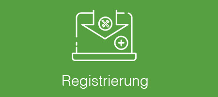 Symbol für Registrierung mit Laptop-Icon und Pfeil mit Werkzeugabbildung auf grünem Feld.