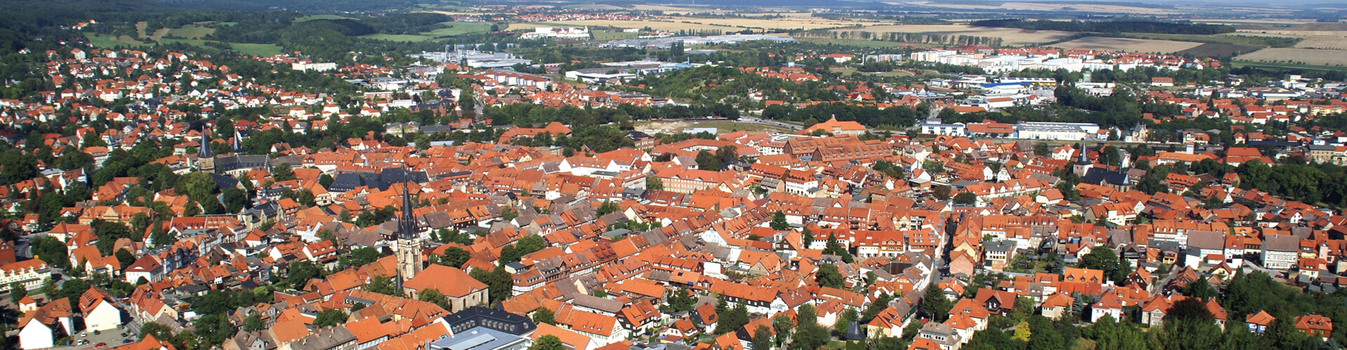 Eine Luftaufnahme zeigt die Dächer der Wernigeröder Innenstadt.