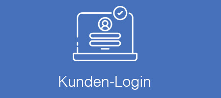 Symbol für Kunden-Login mit Laptop und Profilansicht auf blauem Feld.