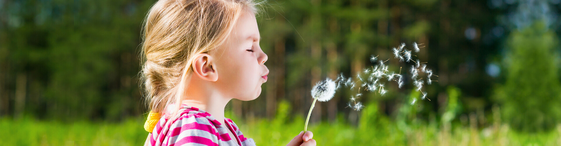 Der Kopf eines kleinen blonden Mädchens mit einem geflochtenen Zopf und einem weiß-pink gestreiften Oberteil ist seitlich zu sehen. Das Kind hat die Augen geschlossen. Sie pustet eine Pusteblume, und die Samenstände fliegen davon. Der Hintergrund ist grün und verschwommen.
